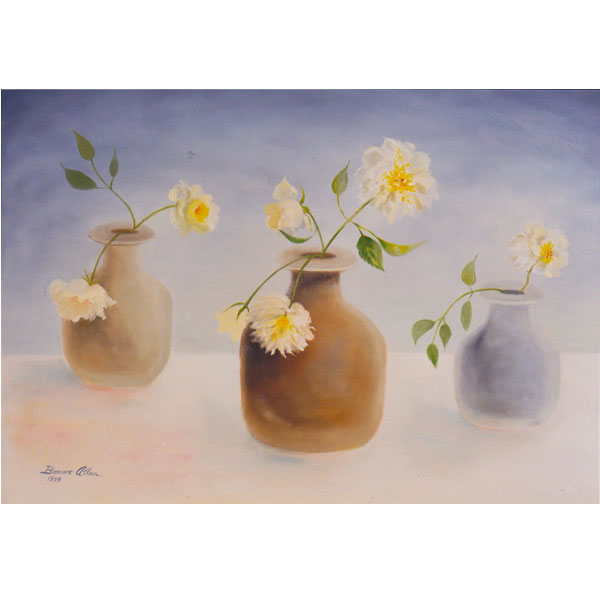 Three grey pots with white roses - SOLD